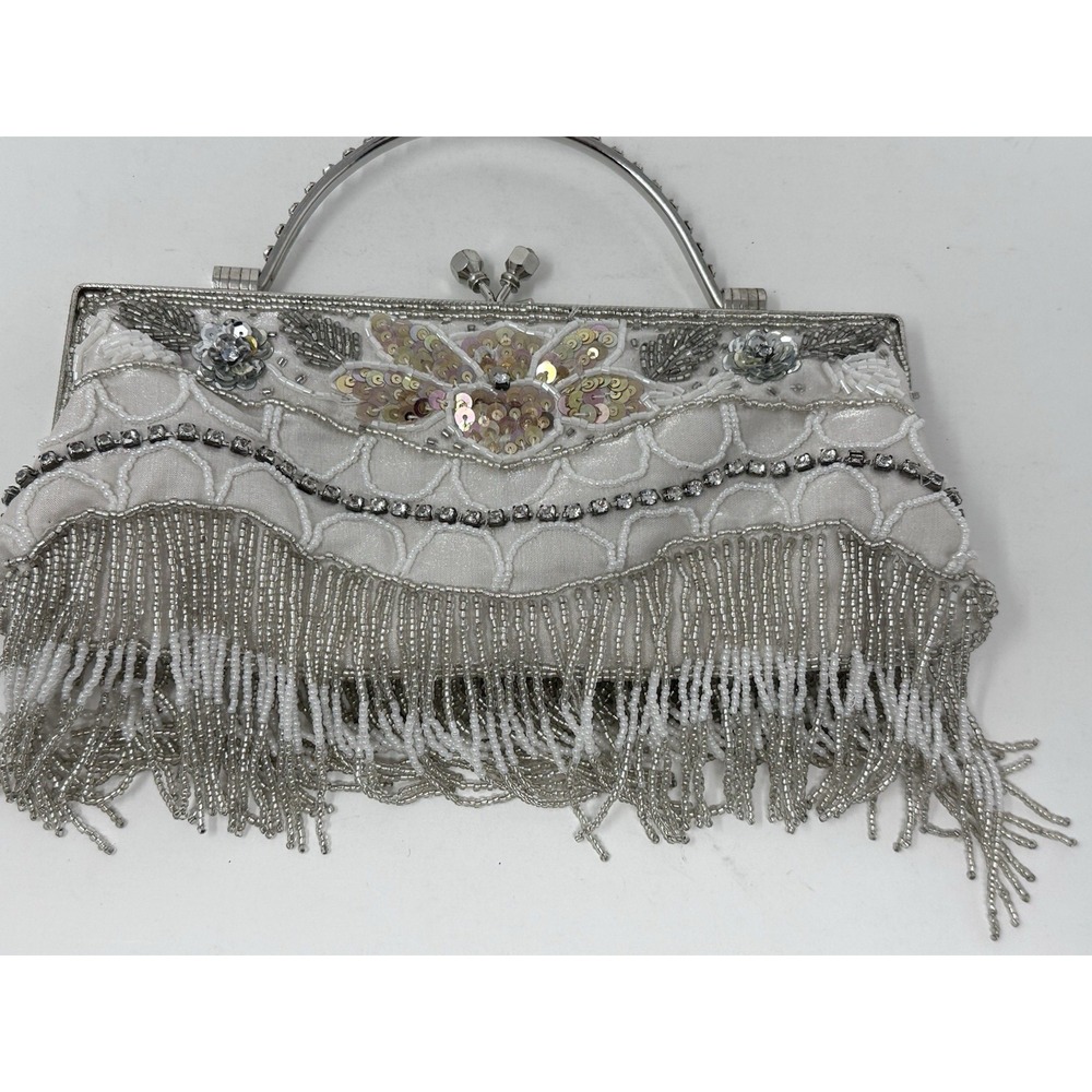 Vintage Beaded Fringe Evening Bag Ivory Sequin Rhinestone Clutch Purse Glam